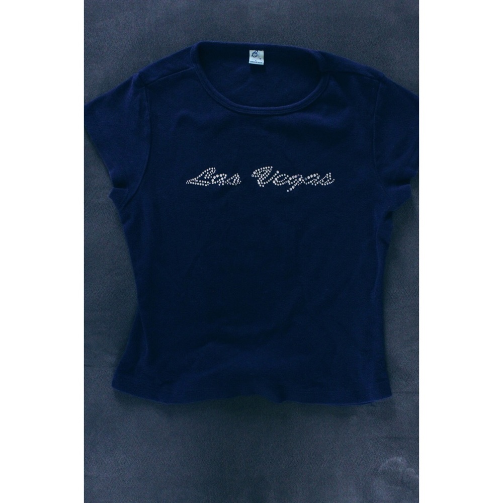 Navy blue “LAS VEGAS” bedazzled crop top